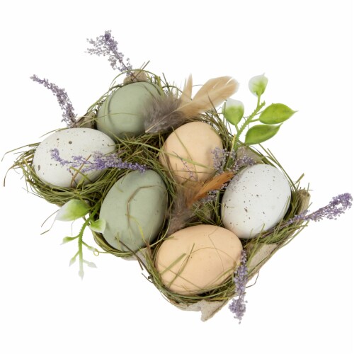 Northlight Pack of 6 Assorted Easter Eggs with Carton and Grass Decoration Perspective: bottom