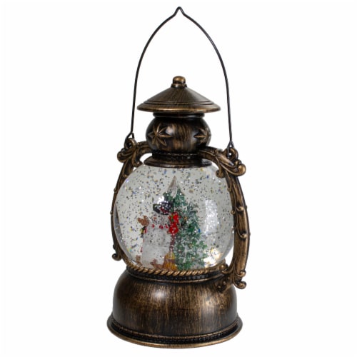 Northlight 8-Inch Black with Brushed Gold LED Snowman and Christmas Trees Snow Globe Lantern Perspective: bottom