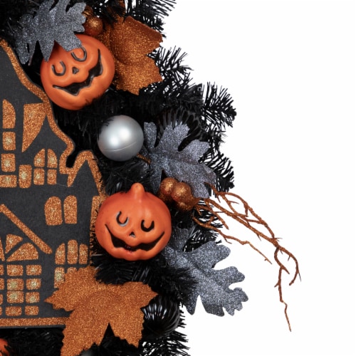 Northlight Orange and Black Haunted House Halloween Wreath, 24-Inch, Unlit Perspective: bottom