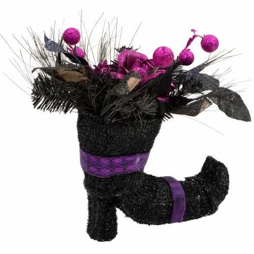 Northlight 12 Black Witch's Boot with Purple Glittered Roses Halloween Decoration Perspective: bottom
