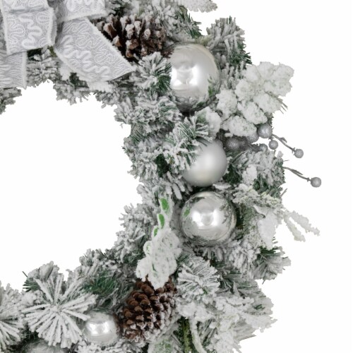Northlight Glitter and Frosted Foliage Artificial Christmas Wreath with Bow, 30-Inch, Unlit Perspective: bottom