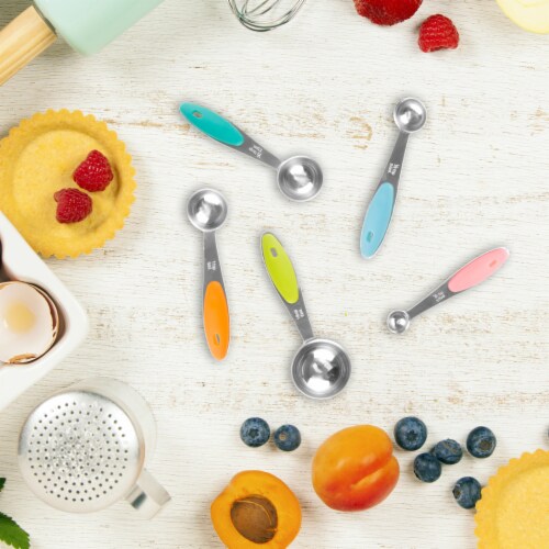 Stainless Steel Measuring Spoons on Ring Silicone Handles Set of 5 Tbsp Tsp and Metric Perspective: bottom