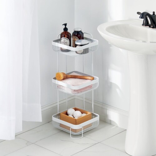 mDesign Vertical Standing Bathroom Shelving Unit Tower with 3 Baskets, White Perspective: bottom