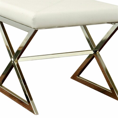Benjara 20  Contemporary Leather Upholstery Stool with Metal Base in White Perspective: bottom