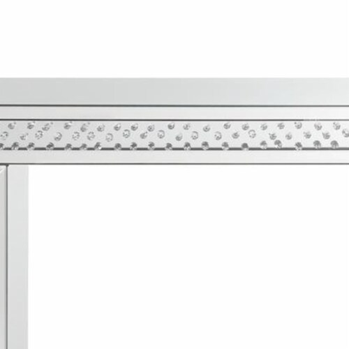 Mirror Accented Wood And Glass Vanity Desk With Faux Crystal Inlay, Silver Perspective: bottom