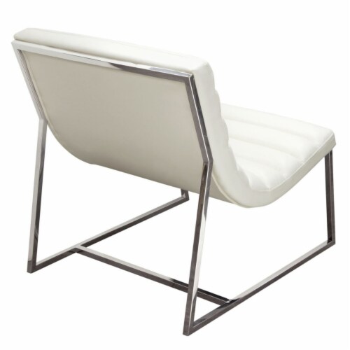 Leather Upholstered Lounge Chair with Channel Tufting Details  and Steel Frame, White  and Perspective: bottom