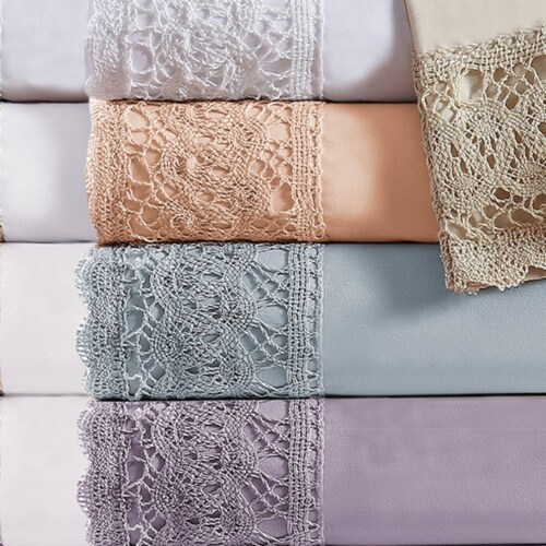 Udine 4 Piece Queen Size Microfiber Sheet Set with Crochet Lace The Urban Port, Pink Perspective: bottom