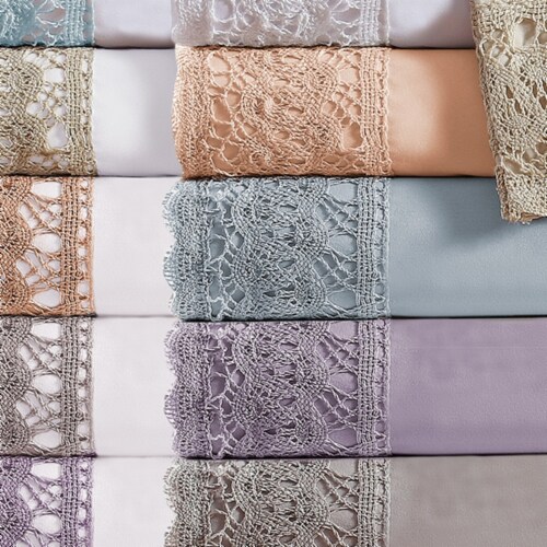 Udine 4 Piece Queen Size Microfiber Sheet Set with Crochet Lace The Urban Port, White Perspective: bottom