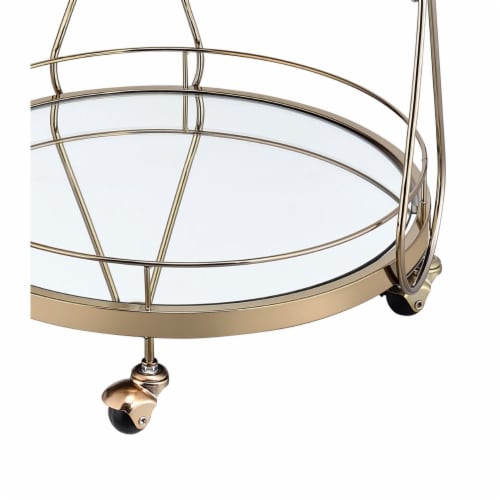 Serving Cart with 2 Glass Shelves and Caster Support, Gold and Clear- Saltoro Sherpi Perspective: bottom