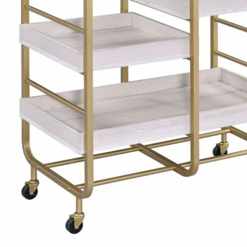 Metal Frame Serving Cart with Adjustable Compartments,Gold and Washed White- Saltoro Sherpi Perspective: bottom
