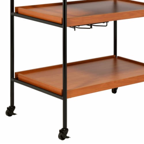 Metal Frame Serving Cart with Adjustable Compartments, Oak Brown and Black- Saltoro Sherpi Perspective: bottom