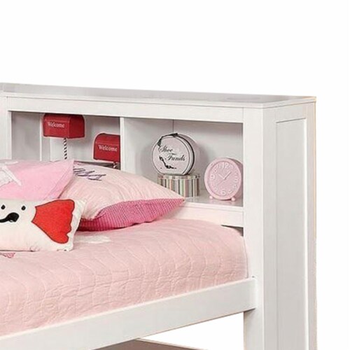 Wooden Twin Size Daybed with Bookcase Headboard, White Perspective: bottom
