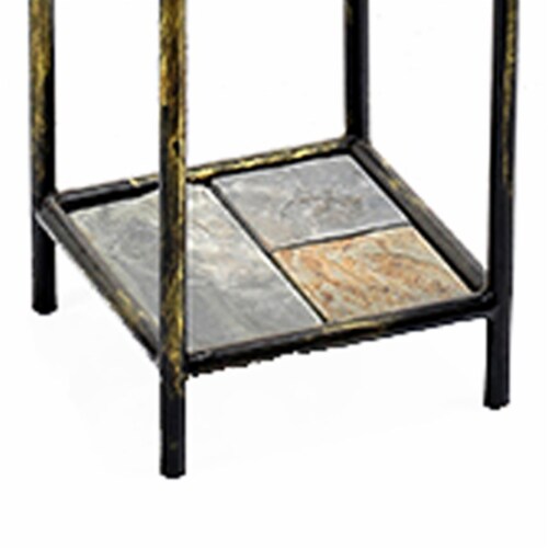 Benjara BM216734 2 Tier Square Stone Top Plant Stand with Metal Frame, Black & Gray - Large Perspective: bottom