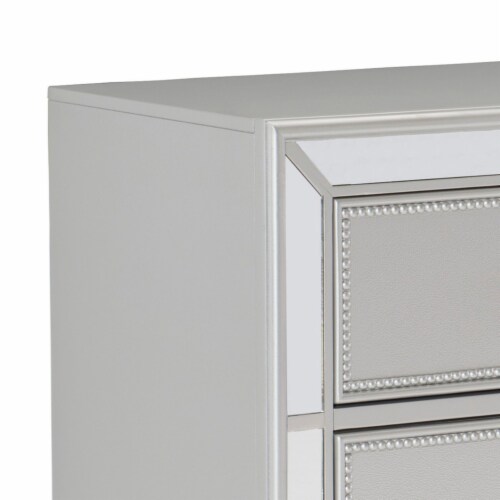 2 Drawer Wooden Nightstand with Mirror Trim and Ring Pulls, Silver Perspective: bottom