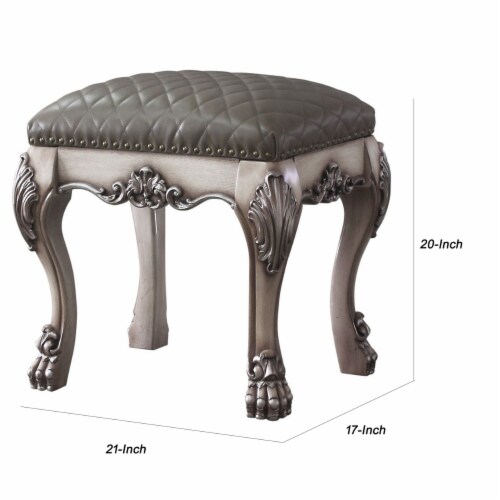 Traditional Wooden Vanity Stool with Leatherette Set and Clack Legs, Gray- Saltoro Sherpi Perspective: bottom