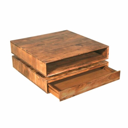 32 Inch Square Wooden Coffee Table with Swivel Storage Top and
