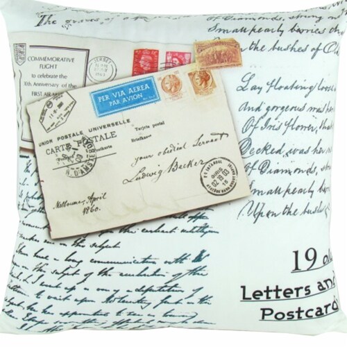 Fabric Decorative Pillow With Postcard Prints, White Perspective: bottom