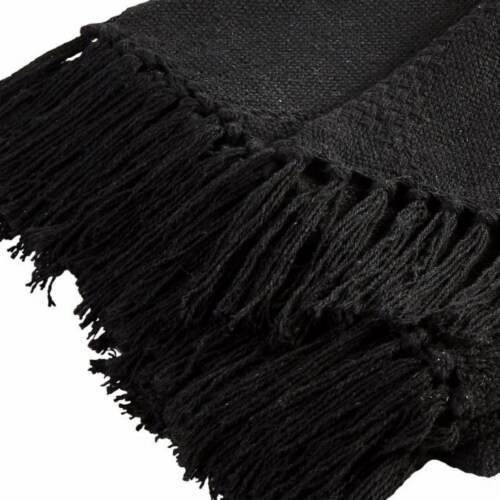 Lyon Fabric Throw with Textured Waffle Weave Design The Urban Port, Set of 2, Black- Saltoro Perspective: bottom