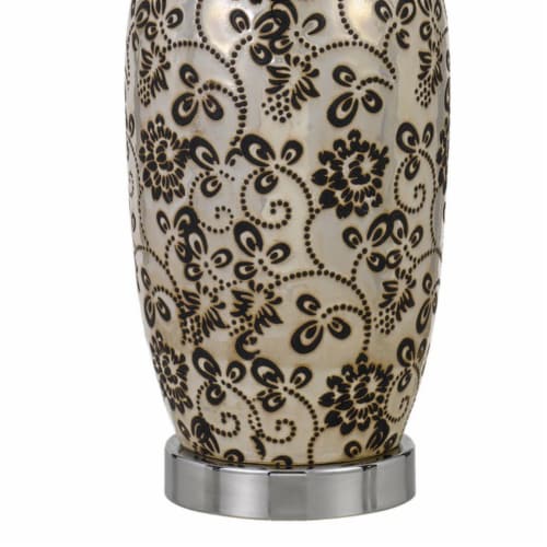 150 Watt Leaf Engraved Ceramic Base Table Lamp, Silver and Black- Saltoro Sherpi Perspective: bottom