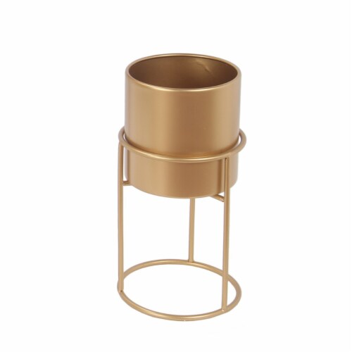 3 Piece Round Metal Planter with Tubular Base, Gold- Saltoro Sherpi Perspective: bottom