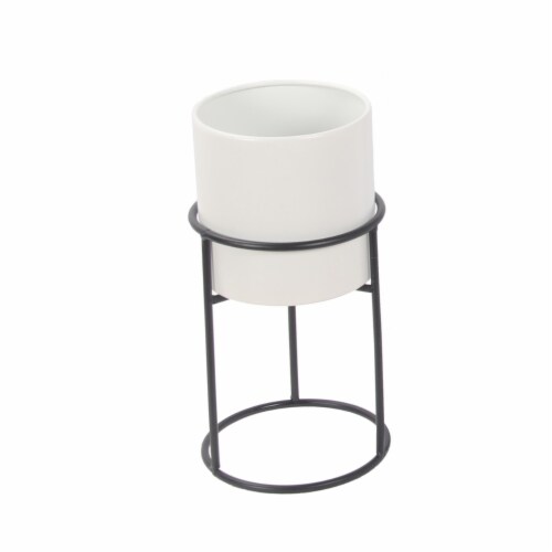 3 Piece Round Metal Planter with Tubular Base, White and Black- Saltoro Sherpi Perspective: bottom