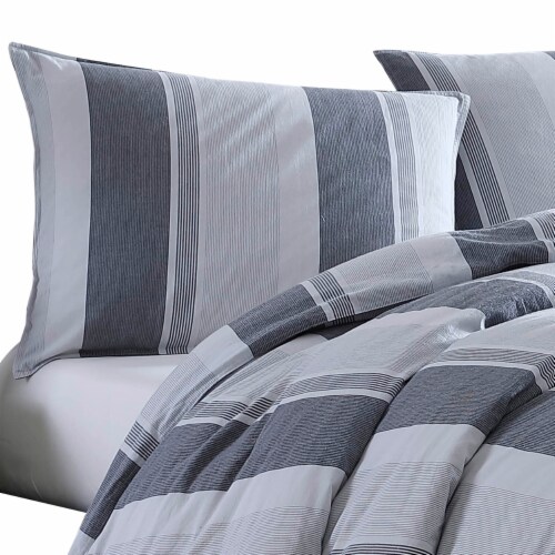3 Piece King Comforter Set with Broad Stripes, Gray- Saltoro Sherpi Perspective: bottom