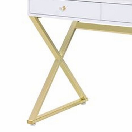 Vanity Desk with Removable Mirror and Cross Metal Legs, White and Gold- Saltoro Sherpi Perspective: bottom