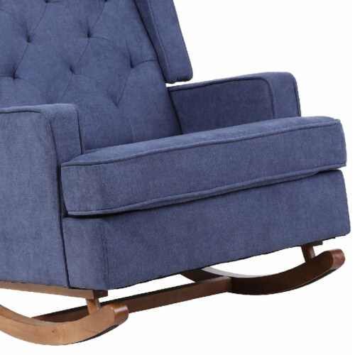 Rocking Chair with Button Tufted Wingback and Track Arms, Navy Blue- Saltoro Sherpi Perspective: bottom
