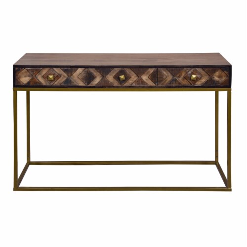 51 Inch 3 Drawer Mango Wood Console Table, Diamond Textured Panels, Metal Frame, Brown Perspective: bottom