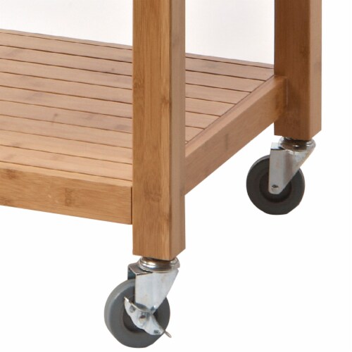36 Inch Bamboo Kitchen Cart Island, 2 Drawers, Stainless Steel Top, Brown- Saltoro Sherpi Perspective: bottom