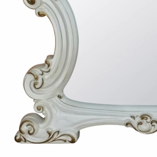 Jess 47 Inch Classic Mirror, Beveled Scrolled Carved Trim, Wood, White- Saltoro Sherpi Perspective: bottom