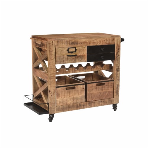 31 Inch Handcrafted Rustic Mango Wood Bar Cart Trolly with 3 Drawers and 6 Wine Bottle Perspective: bottom
