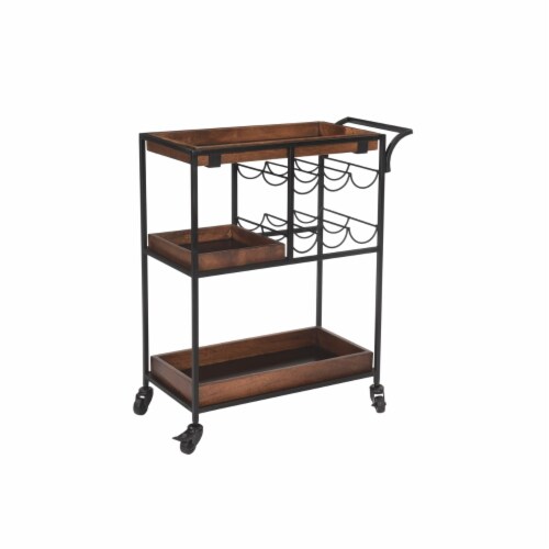30 Inch Handcrafted Mango Wood Bar Serving Cart with Caster Wheels, 6 Bottle Holders, Tray Perspective: bottom