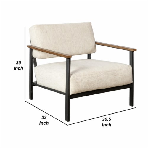 31 Inch Upholstered Accent Chair, Oak Wood Arms, Metal, Beige, Black Perspective: bottom