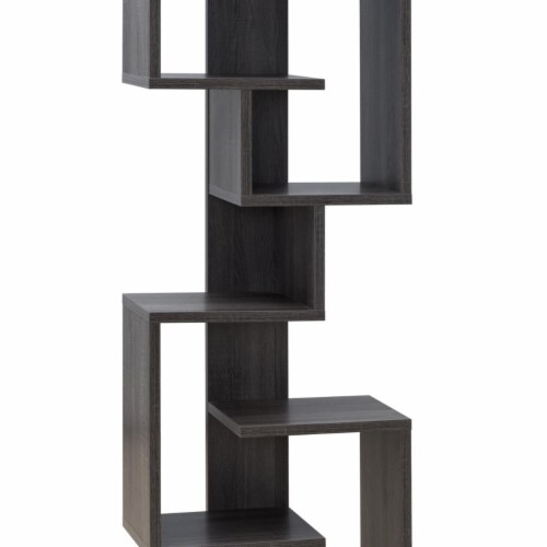 Andy 72 Inch Wood Bookcase, Geometric 7 Multi Layered Shelves, Gray Perspective: bottom