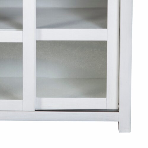 Dan 37 Inch Accent Storage Cabinet, Window Pane Sliding Door, Brown, White- Saltoro Sherpi Perspective: bottom