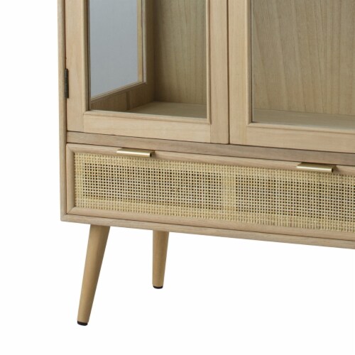 Dana 63 Inch Tall Cabinet, 2 Glass Doors, 1 Drawer, Natural Pine Wood- Saltoro Sherpi Perspective: bottom