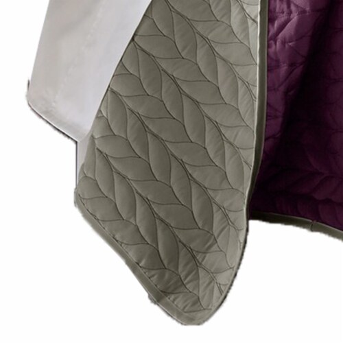 Eva 3 Piece Queen Microfiber Reversible Coverlet Set, Quilted, Gray, Purple- Saltoro Sherpi Perspective: bottom
