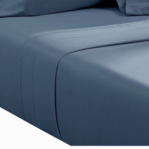Ivy 4 Piece California King Size Soft Cotton Sheet Set, Prewashed Dark Blue- Saltoro Sherpi Perspective: bottom