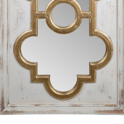 58 Inch Decorative Accent Mirror, Gold Ornate Trim over White Fir Wood- Saltoro Sherpi Perspective: bottom