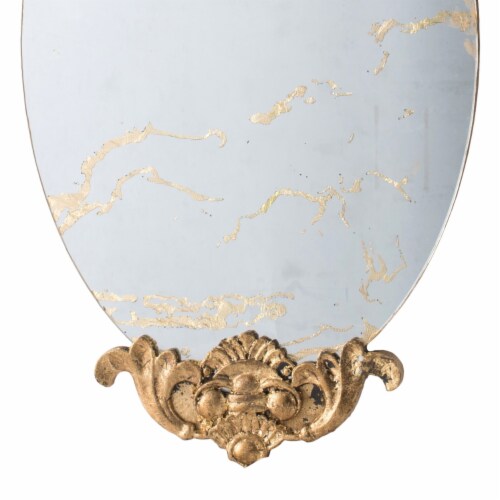 Vic 26 Inch Oval Wall Mirror, Ornate Scrolled Wood Frame, Gold Finish- Saltoro Sherpi Perspective: bottom