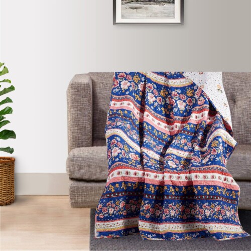 Pico 60 Inch Throw Blanket, Polka Dots and Blue Flowers, Blue Microfiber- Saltoro Sherpi Perspective: bottom