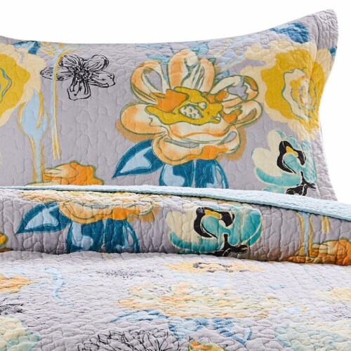 Minsk 20 x 36 King Size Pillow Sham, Yellow Flowers, Gray Cotton Fabric- Saltoro Sherpi Perspective: bottom