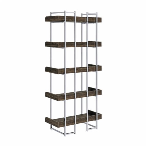 Pam 70 Inch Bookcase, 5 Wood Shelves with Raised Edges, Chrome Metal Frame- Saltoro Sherpi Perspective: bottom