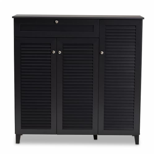 Baxton Studio Coolidge Wood 11-Shelf and Drawer Shoe Cabinet in Dark Gray Perspective: bottom
