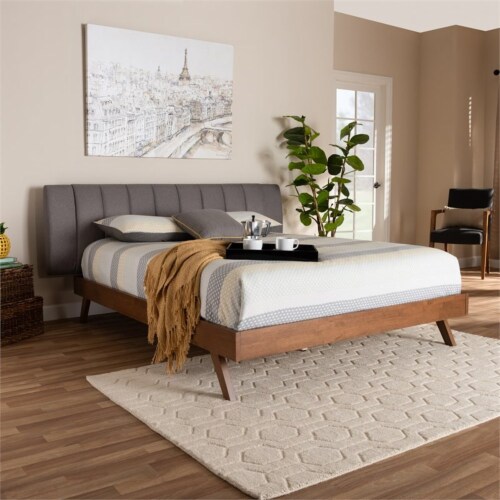 Baxton Studio Brita King SizeGrey Upholstered Walnut Finished Bed Perspective: bottom