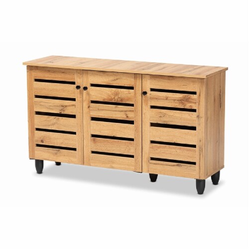 Baxton Studio Gisela Modern and Contemporary Oak Brown Finished Wood 3-Door Shoe Storage Perspective: bottom