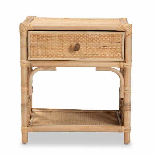 Baxton Studio Camara Modern Bohemian Natural Brown Rattan 1-Drawer Nightstand Perspective: bottom