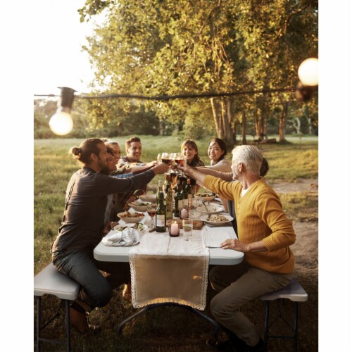 Plastic Development Group 6' Folding Banquet Table & Folding Chairs (4 Pack) Perspective: bottom