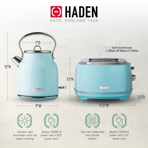 Haden Heritage 1.7L Stainless Steel Electric Kettle - Turquoise